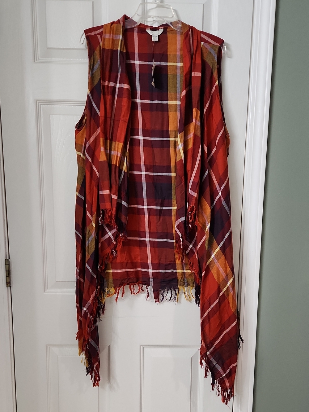 Cato Red and Mustard Plaid Fringe Open-Front Vest